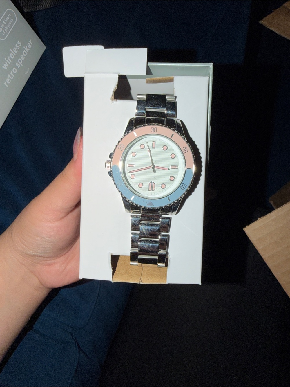 Silver Bracelet Watch with Pink and Light Blue Bezel - Women's Accessory
